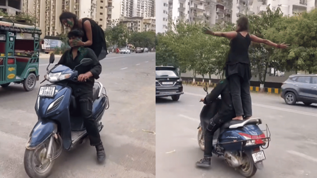 Woman’s Titanic Pose Stunt on Moving Scooty Ends in Dramatic Tumble